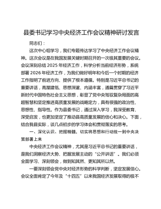 县委书记学习中央经济工作会议精神研讨发言