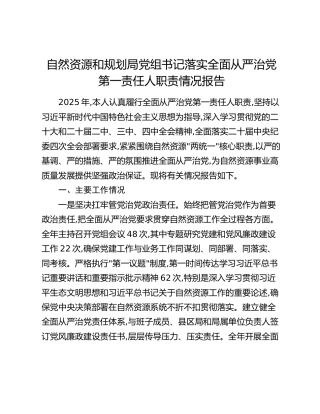 自然资源和规划局党组书记落实全面从严治党第一责任人职责情况报告