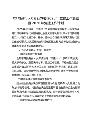 XX城商行XX分行党委2025年党建工作总结暨2026年党建工作计划