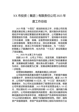XX市投资（集团）有限责任公司2025年度工作总结