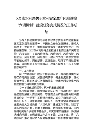 XX市水利局关于水利安全生产风险管控“六项机制”建设任务完成情况的工作总结