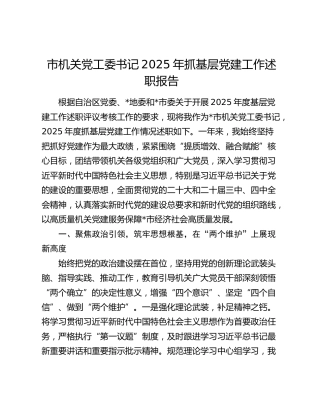 市机关党工委书记2025年抓基层党建工作述职报告