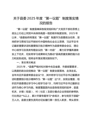 关于县委2025年度“第一议题”制度落实情况的报告