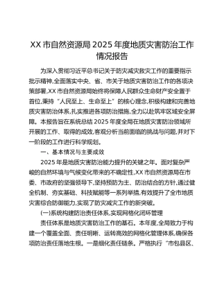 XX市自然资源局2025年度地质灾害防治工作情况报告