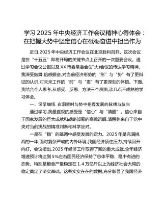 学习2025年中央经济工作会议精神心得体会：在把握大势中坚定信心在砥砺奋进中担当作为