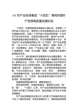 XX市产业投资集团“十四五”期间托管矿产资源高质量发展纪实