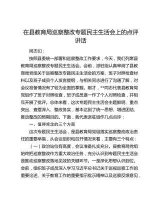 在县教育局巡察整改专题民主生活会上的点评讲话