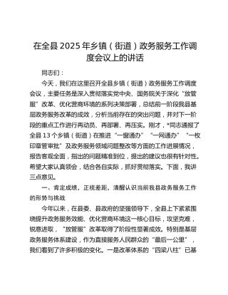 在全县2025年乡镇（街道）政务服务工作调度会议上的讲话