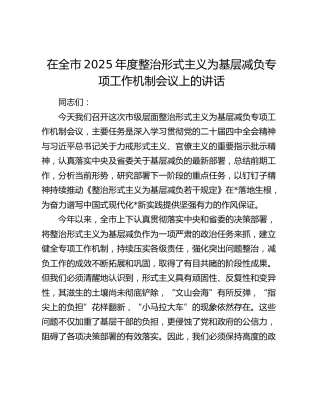在全市2025年度整治形式主义为基层减负专项工作机制会议上的讲话