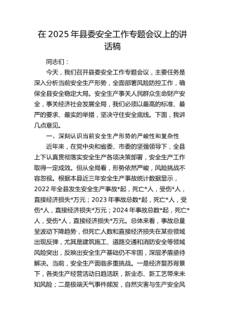 县委安全工作专题会议上的讲话稿