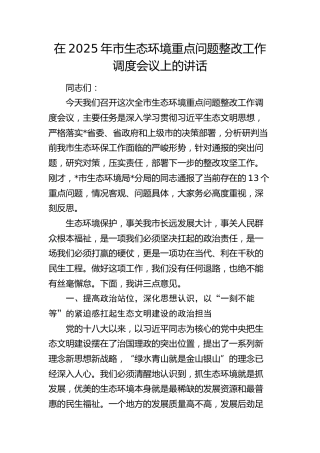 市生态环境重点问题整改工作调度会议上的讲话