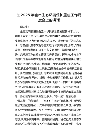 全市生态环境保护重点工作调度会上的讲话
