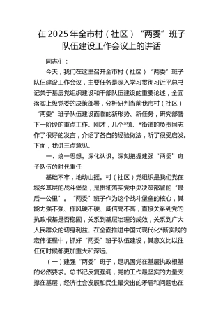 全市村（社区）“两委”班子队伍建设工作会议上的讲话