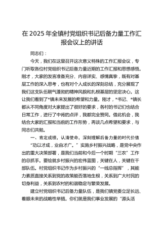 乡镇村党组织书记后备力量工作汇报会议上的讲话