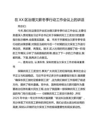 在XX区治理欠薪冬季行动工作会议上的讲话