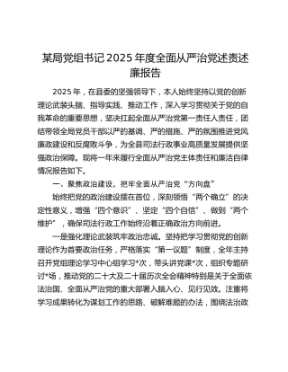 某局党组书记2025年度全面从严治党述责述廉报告