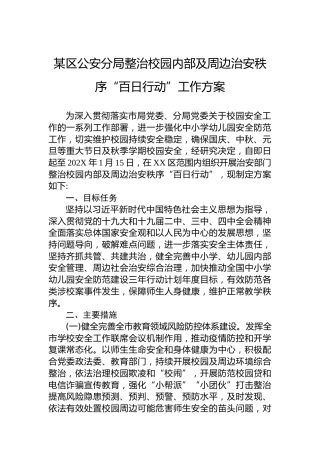 某区公安分局整治校园内部及周边治安秩序“百日行动”工作方案