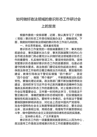 如何做好政法领域的意识形态工作研讨会上的发言