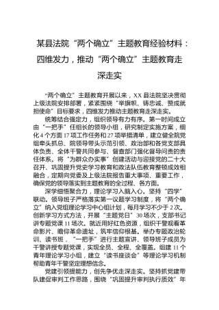 某县法院“两个确立”主题教育经验材料：四维发力，推动“两个确立”主题教育走深走实