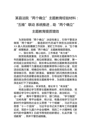 某县法院“两个确立”主题教育经验材料：“五维”联动系统推进，助“两个确立”主题教育提质增效