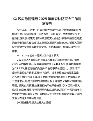 XX区应急管理局2025年度森林防灭火工作情况报告