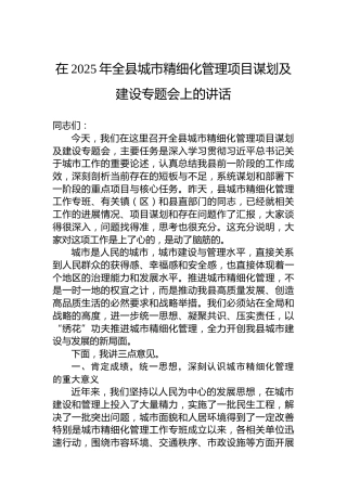 在2025年全县城市精细化管理项目谋划及建设专题会上的讲话