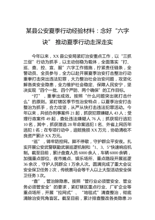 某县公安夏季行动经验材料：念好“六字诀”推动夏季行动走深走实