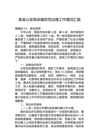 某县公安局命案防范治理工作情况汇报