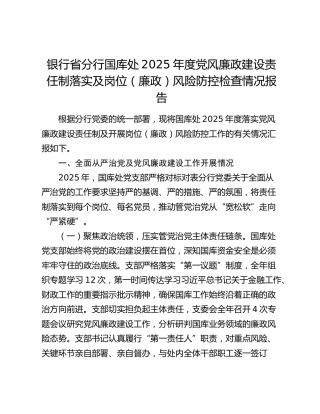 银行省分行国库处2025年度党风廉政建设责任制落实及岗位（廉政）风险防控检查情况报告