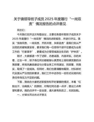 关于镇领导班子成员2025年度履行“一岗双责”情况报告的点评意见