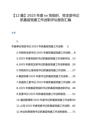 【12篇】2025年度党组织、党支部书记抓基层党建工作述职评议报告汇编