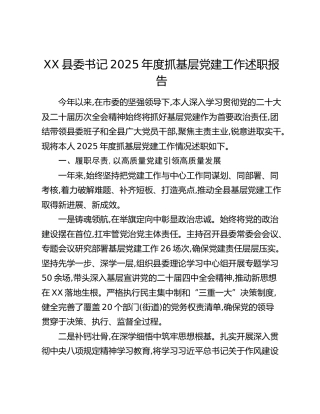 XX县委书记2025年度抓基层党建工作述职报告
