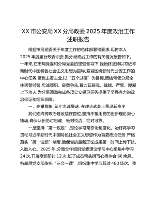 XX市公安局XX分局政委2025年度政治工作述职报告