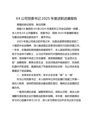 XX公司党委书记2025年度述职述廉报告