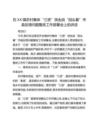 在XX镇农村集体“三资”突击战“回头看”市县反馈问题整改工作部署会上的讲话