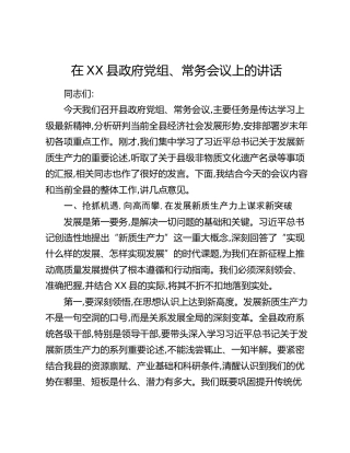 在XX县政府党组、常务会议上的讲话