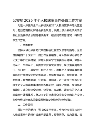 公安局2025年个人极端案事件处置工作方案