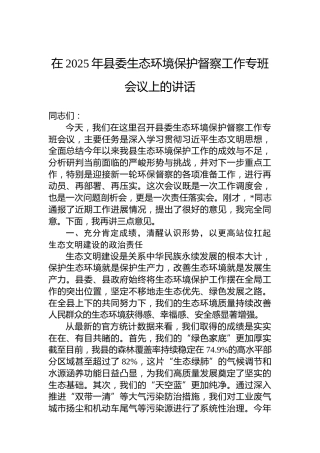 在2025年县委生态环境保护督察工作专班会议上的讲话