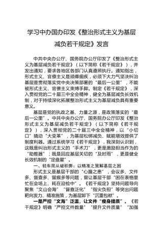 学习中办国办印发《整治形式主义为基层减负若干规定》发言
