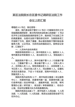 某区法院院长在区委书记调研区法院工作会议上的汇报
