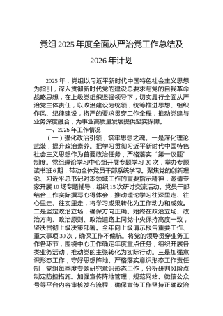 党组2025年度全面从严治党工作总结及2026年计划