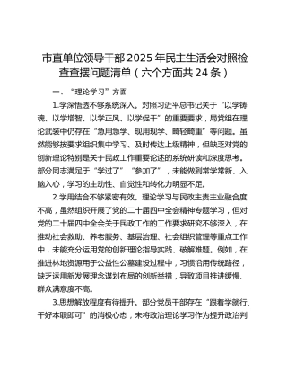 市直单位领导干部2025年民主生活会对照检查查摆问题清单（六个方面共24条）