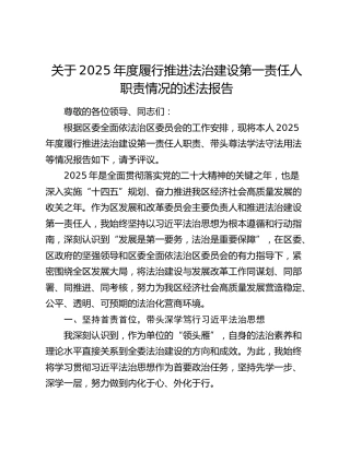 关于2025年度履行推进法治建设第一责任人职责情况的述法报告