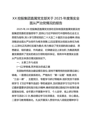 XX控股集团直属党支部关于2025年度落实全面从严治党情况的报告