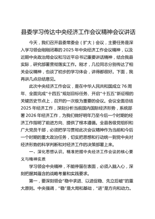 县委学习传达中央经济工作会议精神会议讲话