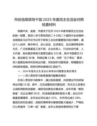 市经信局领导干部 2025 年度民主生活会对照检查材料