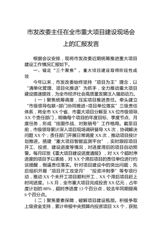市发改委主任在全市重大项目建设现场会上的汇报发言