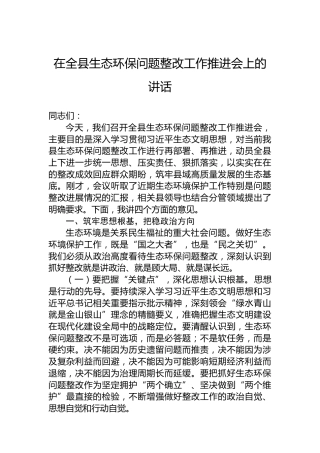 在全县生态环保问题整改工作推进会上的讲话