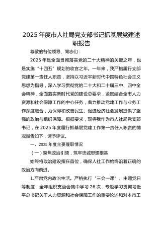 2025年度市人社局党支部书记抓基层党建述职报告