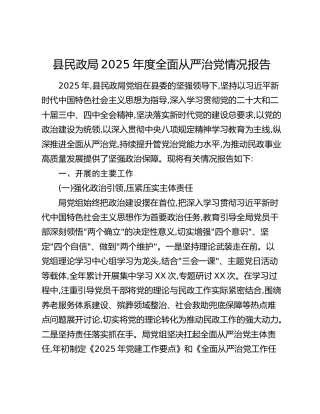 县民政局2025年度全面从严治党情况报告